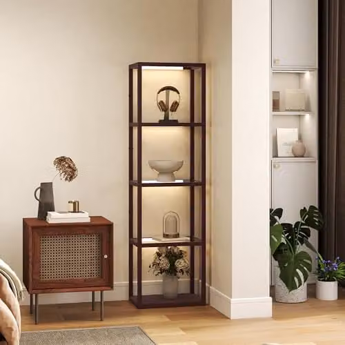HOMCOM Dimmable LED Floor Lamp with 4 Glass Shelves in Dark Brown – 6