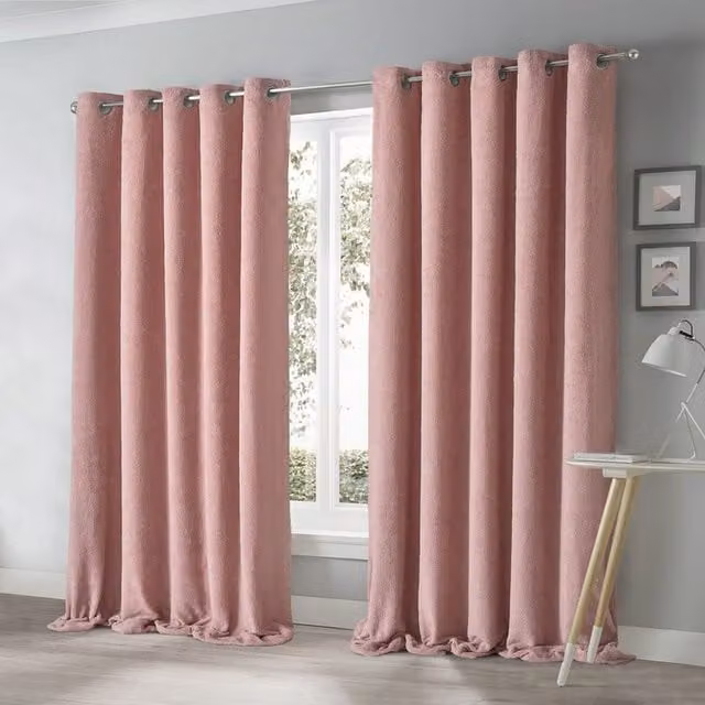 Velosso Teddy Soft Fully Lined Thermal Opaque Eyelet Curtain Pair in Pink