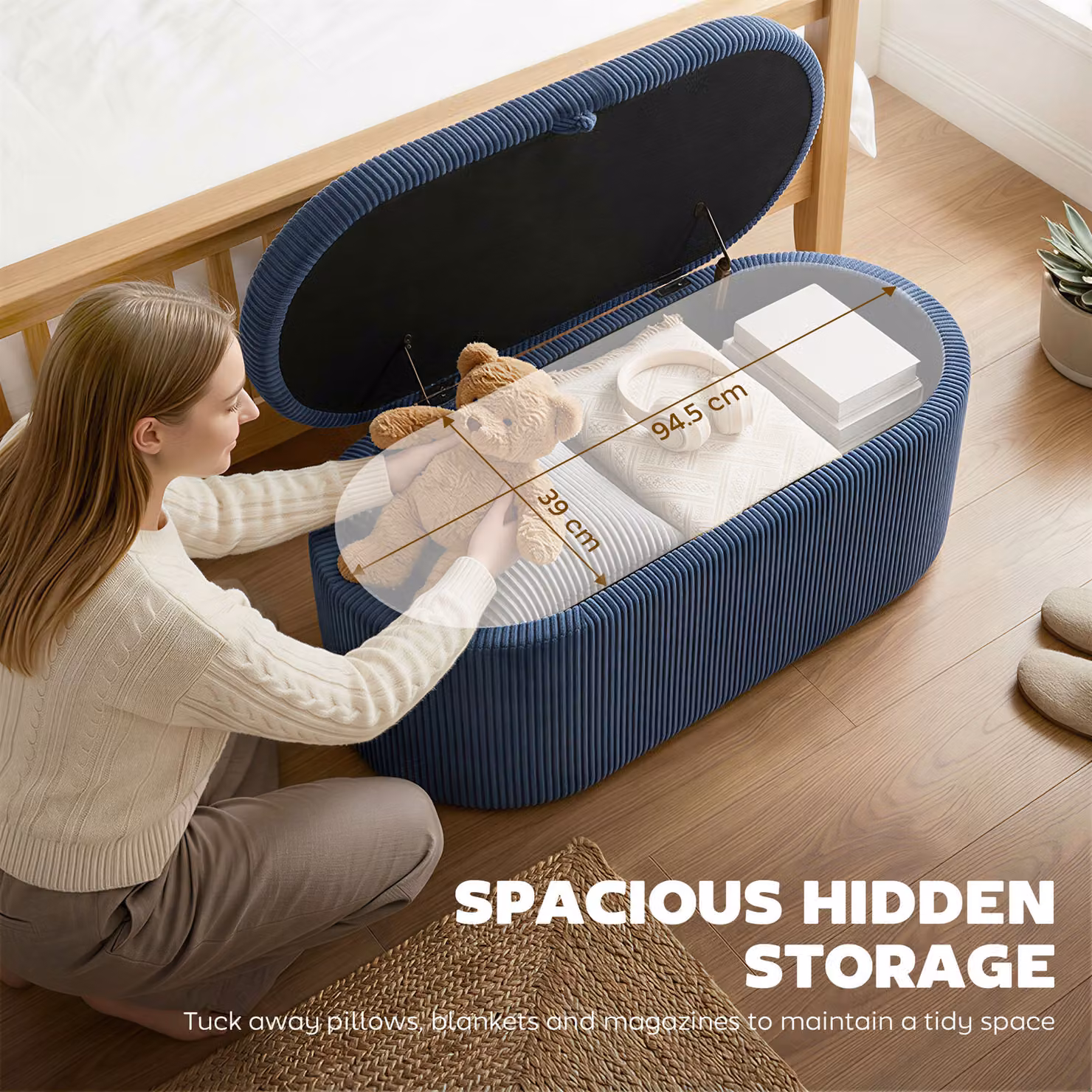 HOMCOM Corduroy Upholstered Storage Ottoman in Blue, W/D/H: 105 x 51 x 49 cm – 4