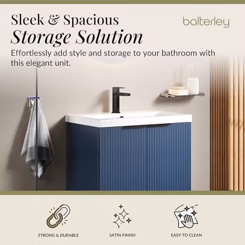 Balterley Blue Floor Standing Bathroom Vanity Unit with Basin and Fluted Front Doors, W/D/H: 61.0 x 39.0 x 85.0 cm – 3