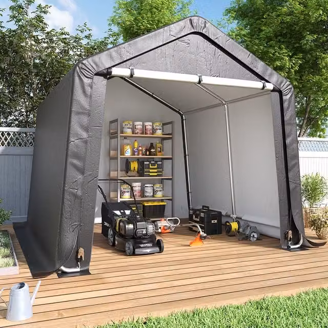 Lifeideas Grey Galvanised Steel Tube Frame Storage Shed with Roll-Up Door, W/D/H: 300 x 245 x 245 cm
