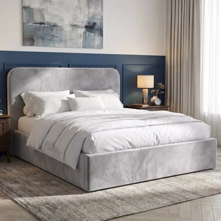 DHS Pluva Velvet Ottoman Storage Bed Frame, Grey, W/D/H: 140 x 190 x 135 cm