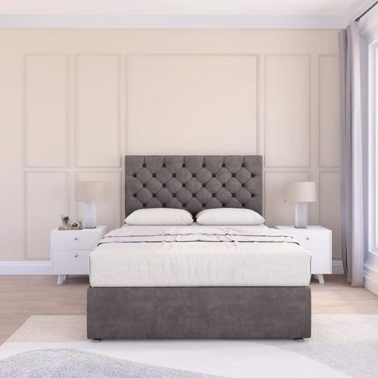 Sloomy Mayfair Super King Divan Bed Base and Floor Standing Chesterfield Headboard in Grey Fabric, W/D/H: 200 x 163 x 200 cm