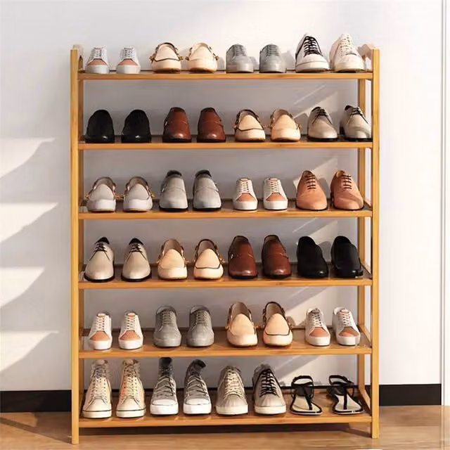 KORVIXA 6-Tier Bamboo Shoe Rack in Brown, Width: 100 cm