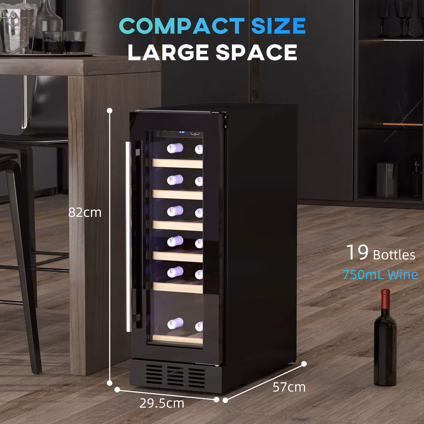 HOMCOM Black Freestanding or Built-in Wine Cooler Fridge with 19 Bottle Capacity and Glass Door – 2