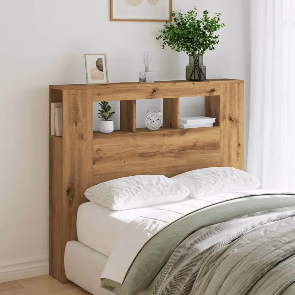 Berkfield Home Artisan Oak LED Headboard in Brown with Integrated Lighting, Shelf and USB Charging Port, W/D/H: 120 x 18.5 x 103.5 cm – 3