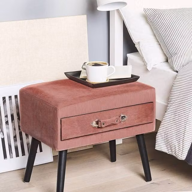 Wyld and Coco Pink Corduroy Side Table with Storage and Black Pine Legs, W: 46 cm, D: 50 cm, H: 35 cm