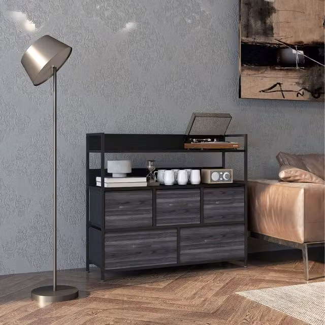 HOMCOM Minimalist Black Chest of Drawers with Open Shelves and Media Compartments
