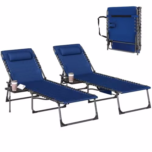 Outsunny Set of 2 Folding Sun Loungers in Blue with Textilene Fabric, Cup Holders and Adjustable Headrests, W/D/H: 190 x 60 x 31 cm – 1