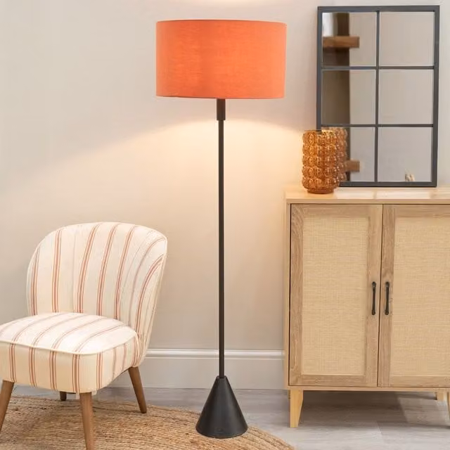 ValueLights Mitch Triangle Floor Lamp with Rust Fabric Drum Shade and Black Wood Base