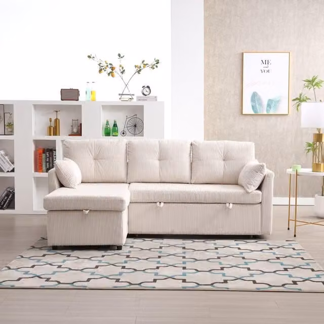 Aosom UK L-Shaped 3-in-1 Convertible Sleeper Sofa with Pull Out Bed and High Storage Chaise, Beige, W/D/H: 206 x 130 x 88 cm – 1