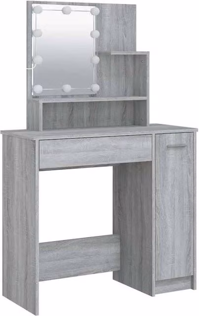 Berkfield Home White and Grey Sonoma Dressing Table with Hollywood LED Mirror, W/D/H: 86.5 x 35 x 136 cm