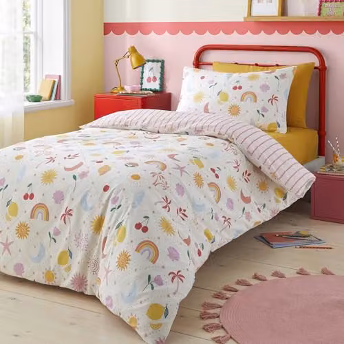 Bedlam Dreamscape Reversible Duvet Cover and Pillowcase Set, Pink and Multicolour, W/D/H: 200 x 200 cm