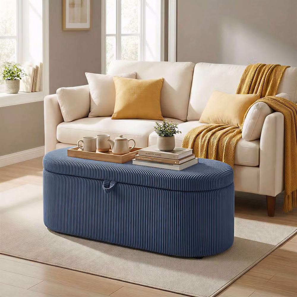 STILVORA Blue Corduroy Storage Ottoman with Hidden Compartment – 2