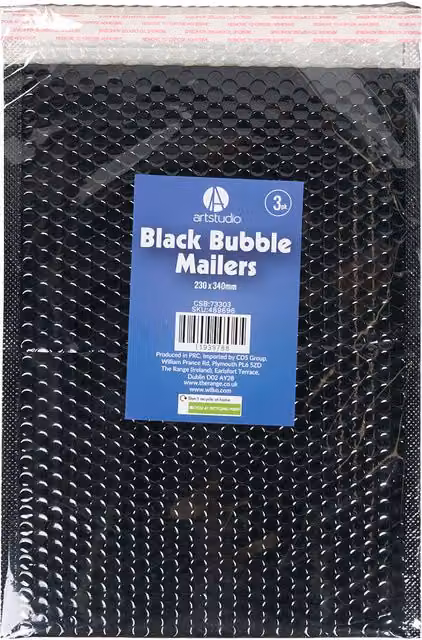 Art Studio Pack of 3 Self-Adhesive Plastic Bubble Mailers in Black, W: 23.0 cm x D: 34.0 cm
