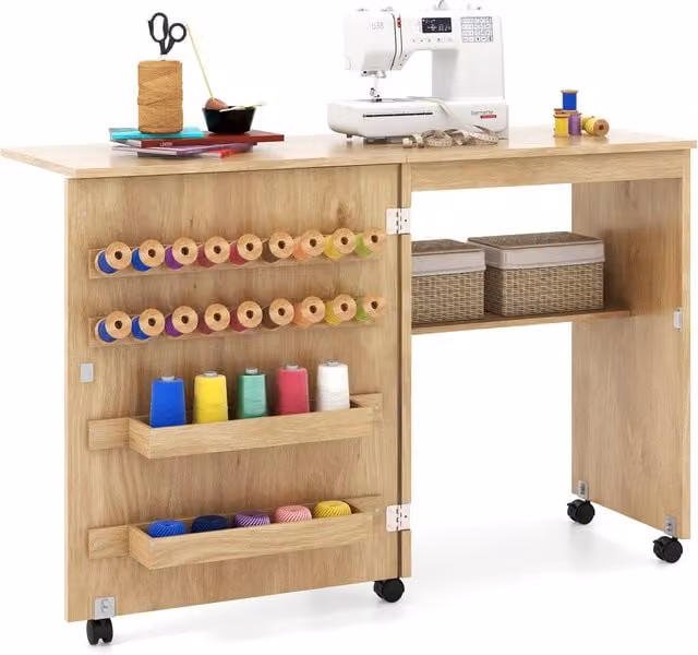 COSTWAY Folding Sewing Table and Craft Station in Brown with Castors