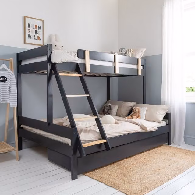 Noa and Nani Una Triple Bunk Bed with Underbed Trundle in Anthracite Grey Solid Pine Wood