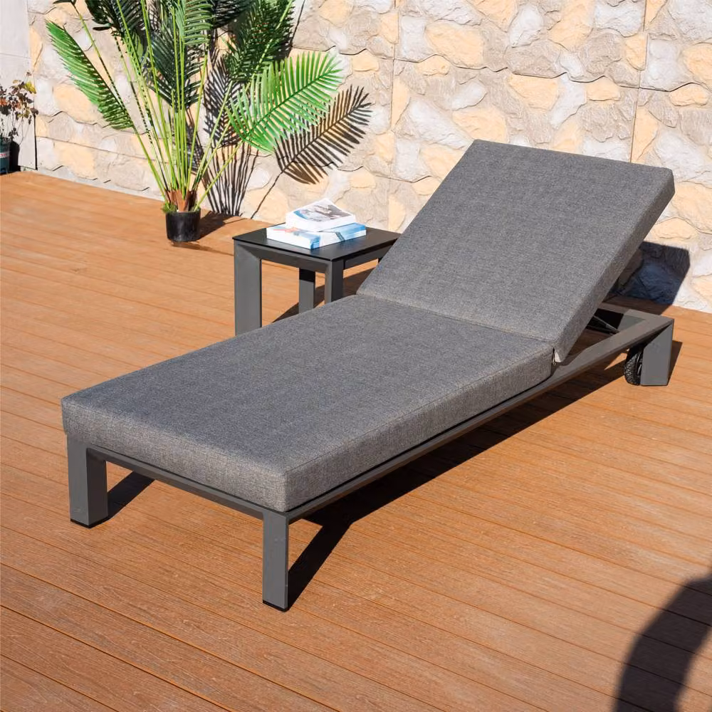 Mimo 2 Pack Grey Powder Coated Aluminium Sun Loungers with Side Table and Castors – 7