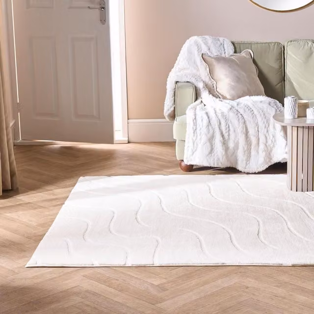 OHS Hand-Tufted Modern Wave Contour Rug in Ivory and White, 150 cm