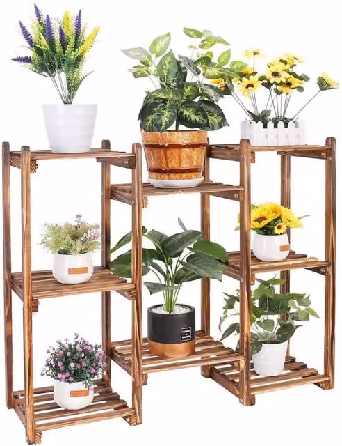 Kelvenix Brown Rustic Pine Wood Multiple Plant Stand for Indoor and Outdoor Use