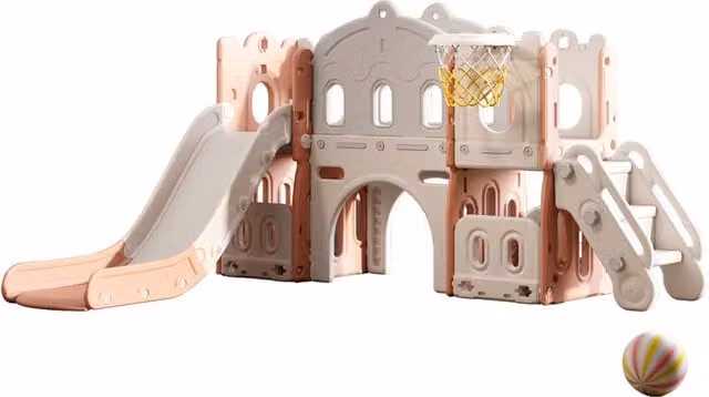 Kidkid Slide Playset with Basketball Hoop in Grey and Pink