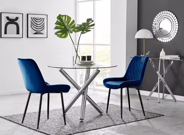 FurnitureboxUK Selina Round Glass Dining Table with Four Pesaro Black Leg Chairs in Navy and Blue – 2