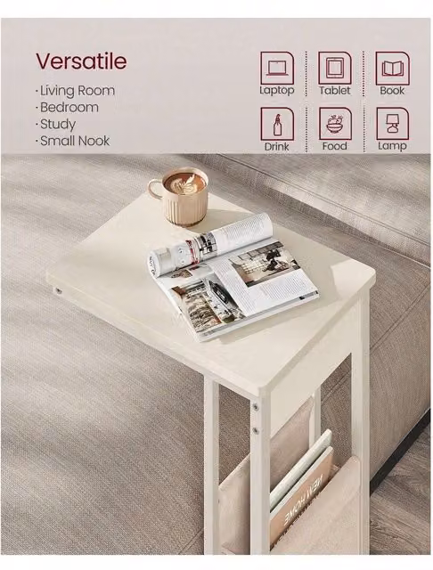 VASAGLE C-Shaped Side Table with Storage Bag in White