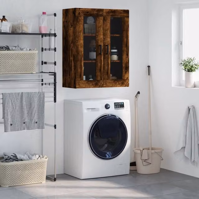 Berkfield Home Wall Mounted Smoked Oak Cabinet with Glass Doors in Brown W/D/H: 69.5 x 34 x 90 cm – 1