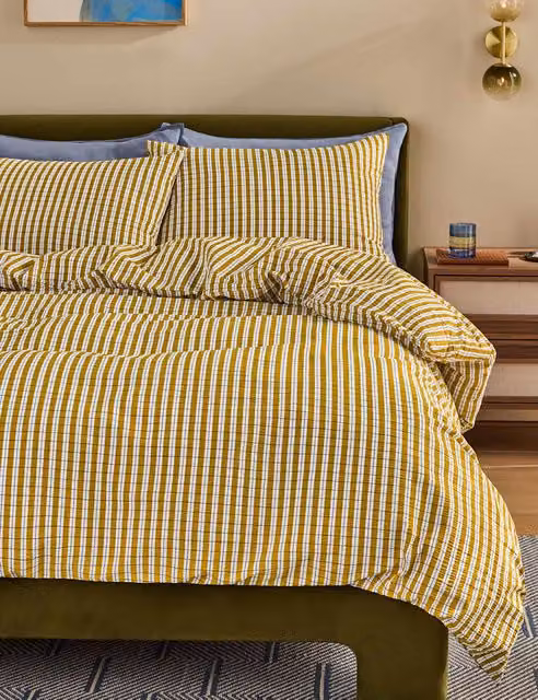 MADE Felix Yellow Checked Seersucker Pure Cotton Duvet Cover, W: 90 cm, L: 190 cm