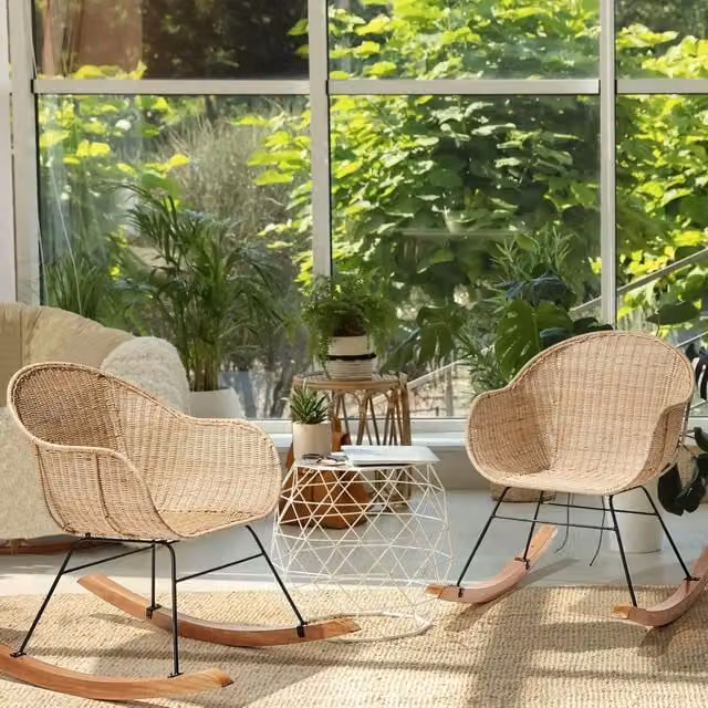 Wyld and Coco Set of 2 Natural Rattan Rocking Chairs with Mahogany Legs – 1