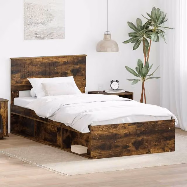 Berkfield Home Modern Bed Frame in Smoked Oak and Brown Solid Pine Wood, W/D/H: 100 x 200 cm