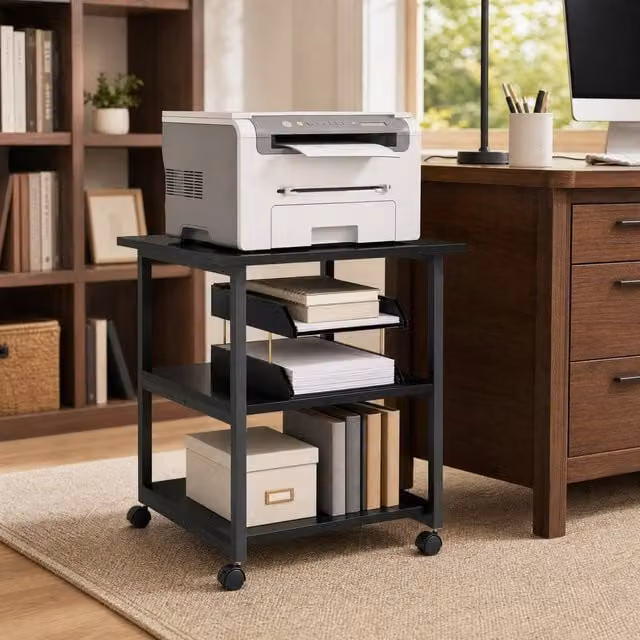 STILVORA 3-Tier Metal Printer Stand with Wheels in Black