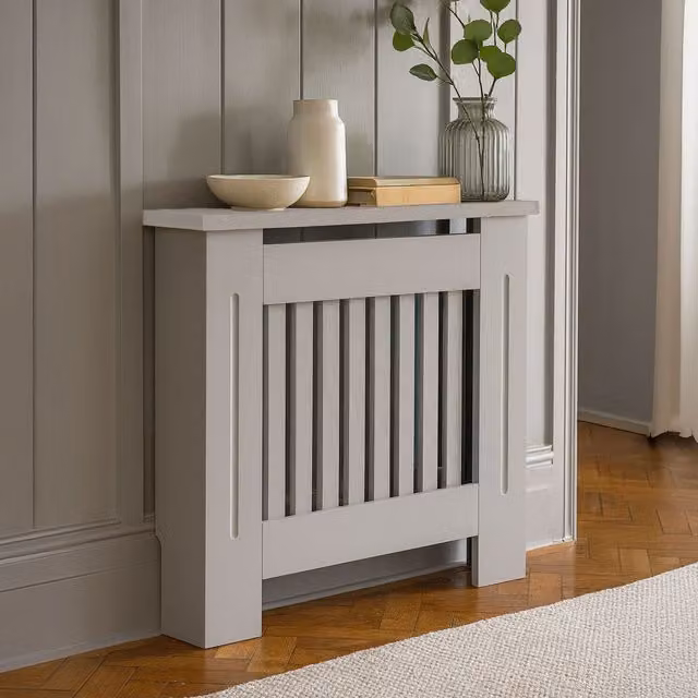 Neo Grey Decorative Radiator Cover Cabinet in Lacquered MDF with Striped Modern Design, Width: 78 cm