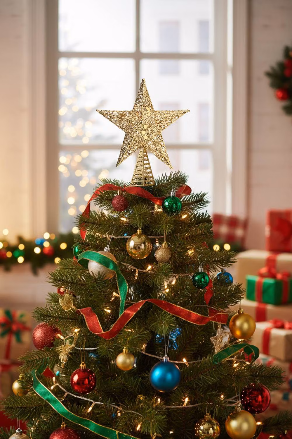 Garden Sanctuary Gold Star Sequins Christmas Tree Topper with LED Lights – 2