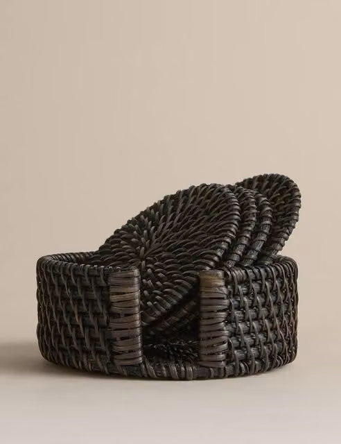 M&S Set of 4 Black Rattan Coasters with Holder