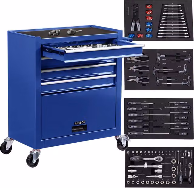 AREBOS Blue Steel Workshop Trolley Tool Cabinet Cart with 4 Drawers