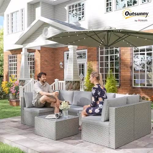Outsunny 7 Piece Grey Rattan Garden Furniture Set with Upholstered Cushions and Coffee Table for 6 Adults – 2