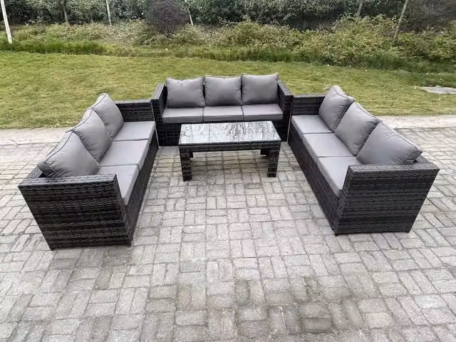 Fimous Outdoor 3 Piece Rattan Garden Furniture Lounge Sofa Set with Coffee Table in Dark Grey