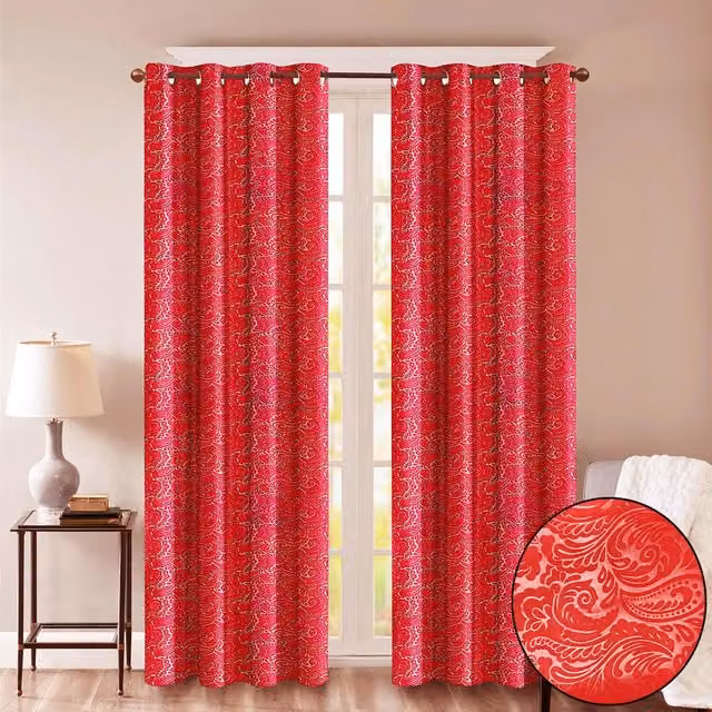 Roseley Red Floral Opaque Eyelet Fabric Curtains