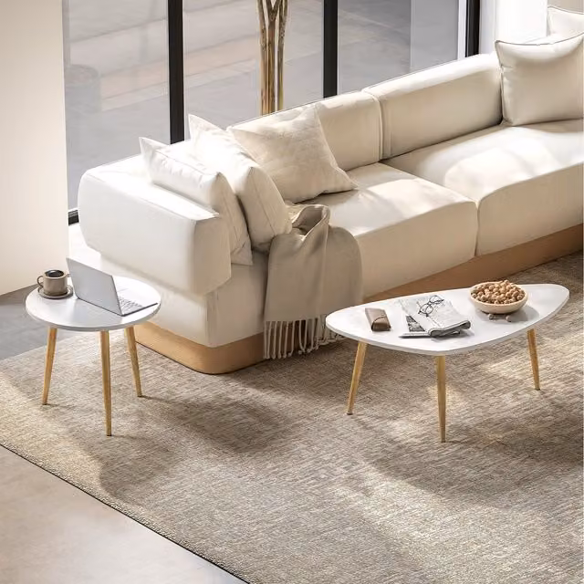 HOMCOM Nesting Coffee Table Set of 2 in White, Gold and Brown with Oval MDF Tops and Metal Legs