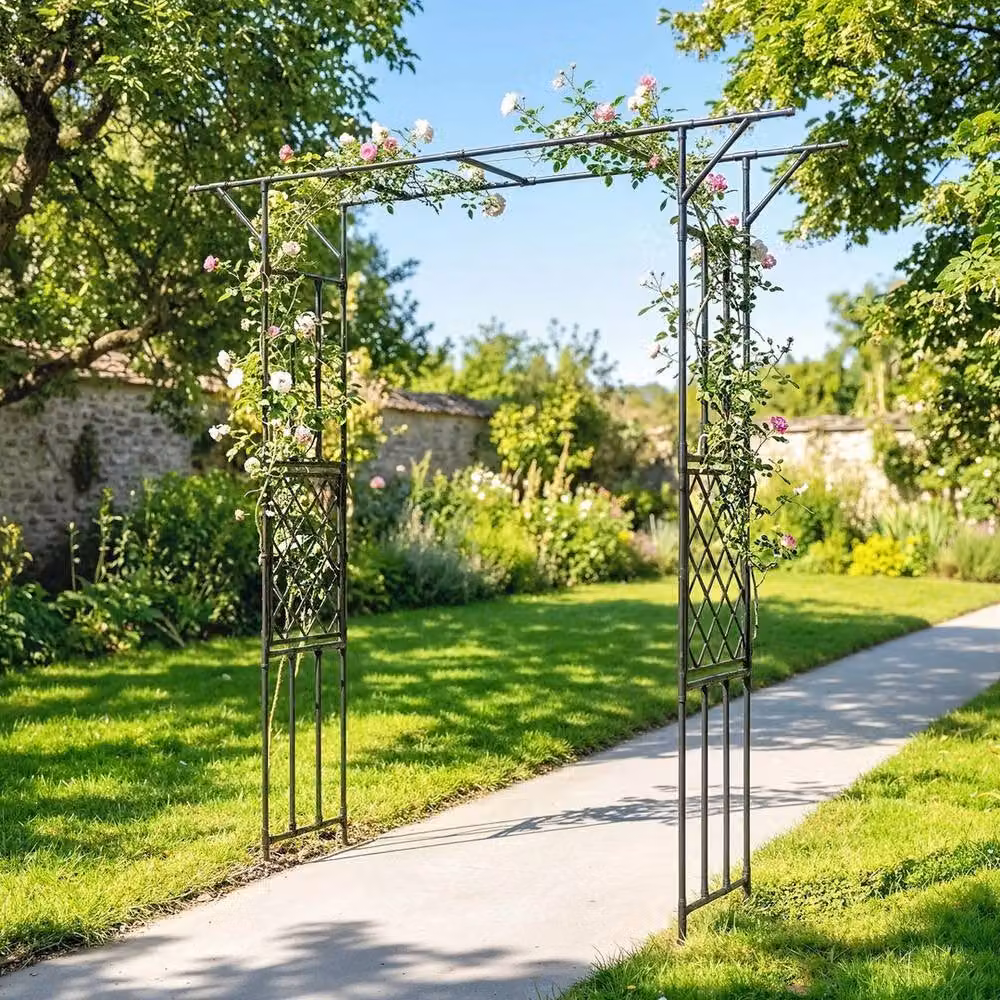 EONLION Black PE-Coated Steel Arbour Trellis Support, W: 100 cm, D: 40 cm – 4