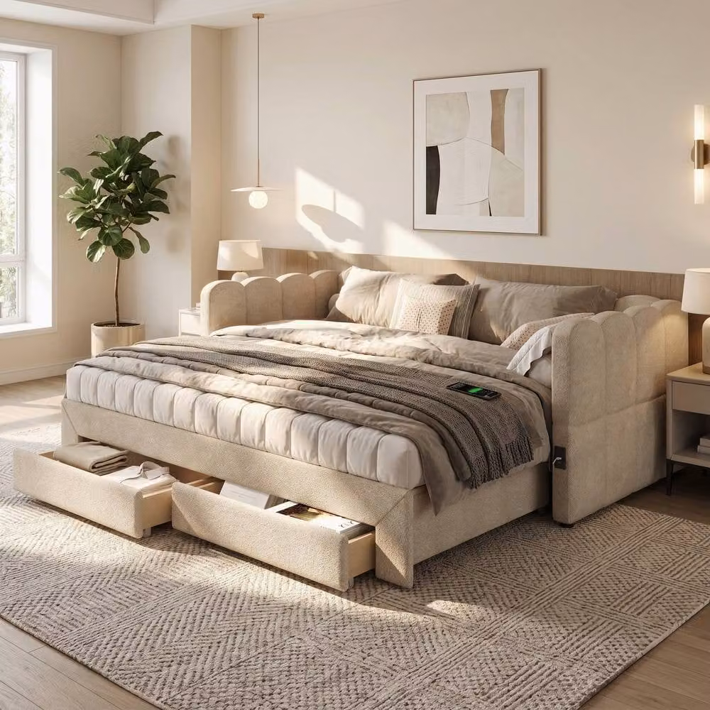 Merax Beige Upholstered Extendable Daybed with 2 Storage Drawers and USB Charging Ports, W/D/H: 90 x 190 cm – 2