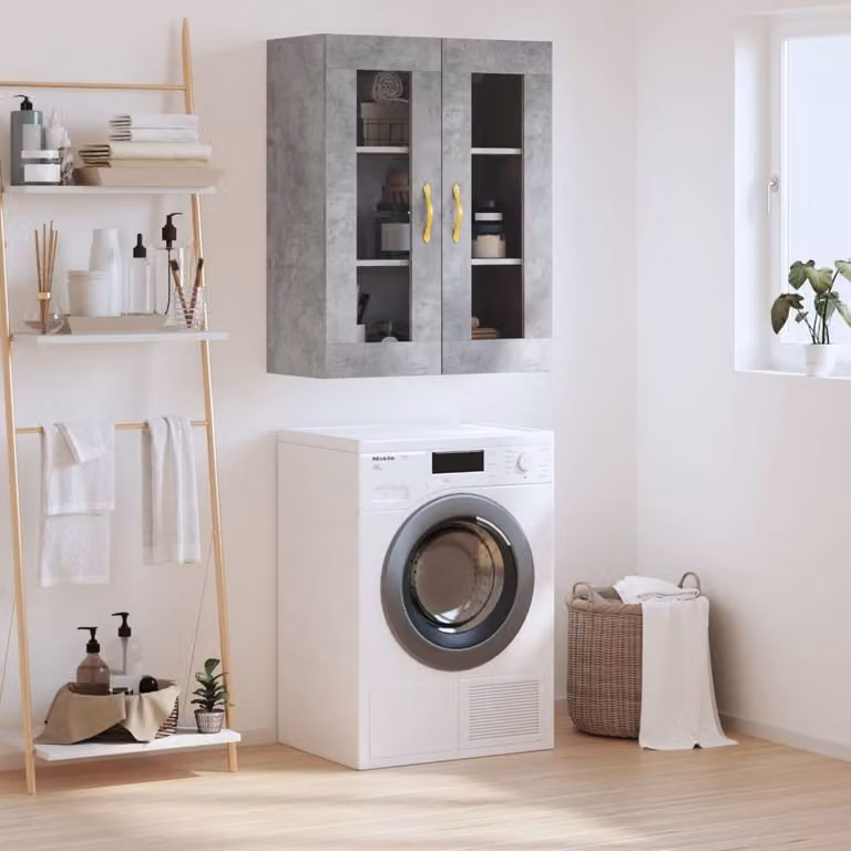 Berkfield Home Wall Mounted Cabinet in Concrete Grey with Glass Doors, W: 69.5 cm, D: 34 cm, H: 90 cm