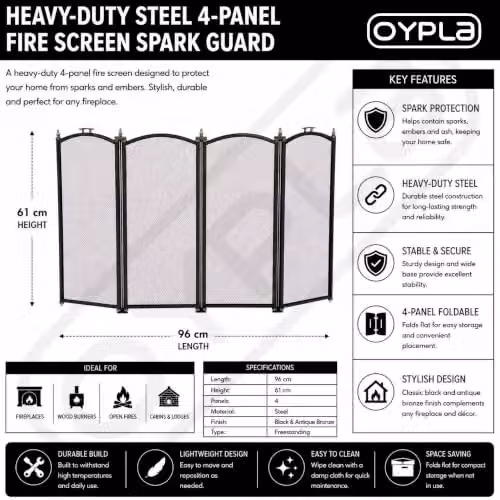 Oypla 4 Panel Fire Screen Spark Guard in Black – 3