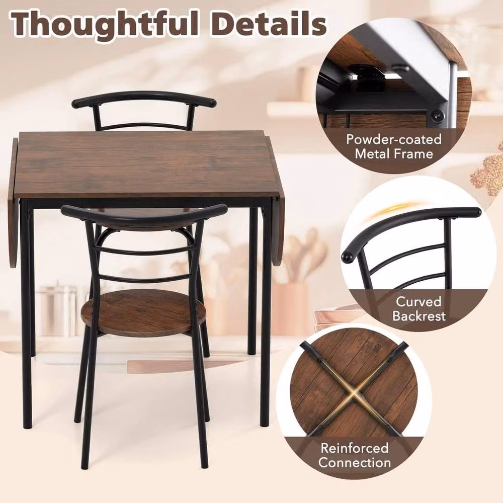 KORVIXA 3 Piece Industrial Drop Leaf Dining Set in Brown and Black, W: 100 cm, H: 77 cm – 4