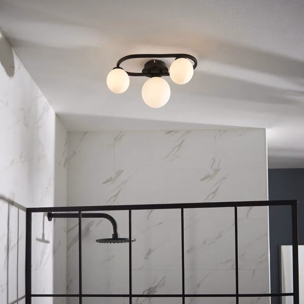 Loops Oval Semi Flush Bathroom Ceiling Light in Matt Black and White Glass – 2