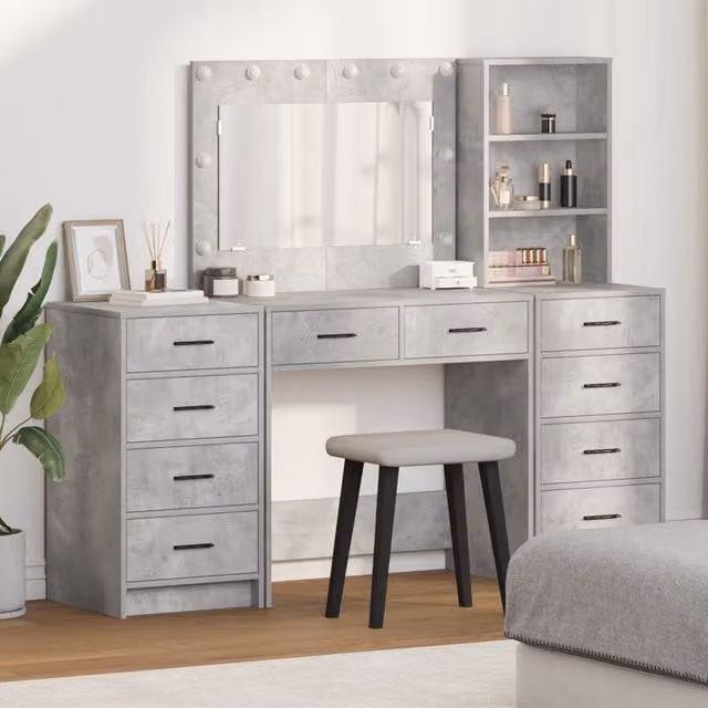 Berkfield Home 3 Piece LED Dressing Table Set in Grey Engineered Wood