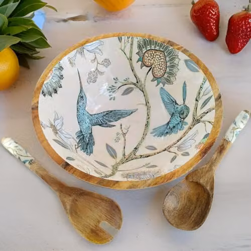 Hartsmede Handmade Mango Wood Serving Bowl Set with Matching Spoons, Beige Floral Design, Diameter: 30.48 cm – 2
