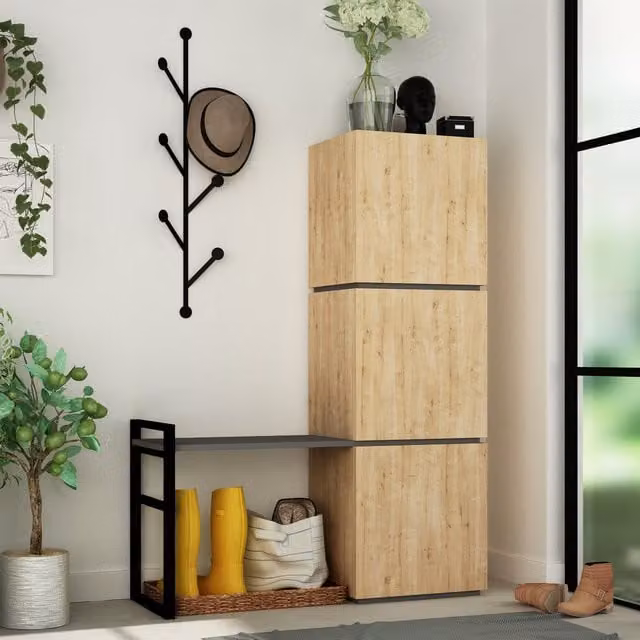 Decortie Mello Modern Corner Shoe Storage Unit with Bench in Oak and Brown