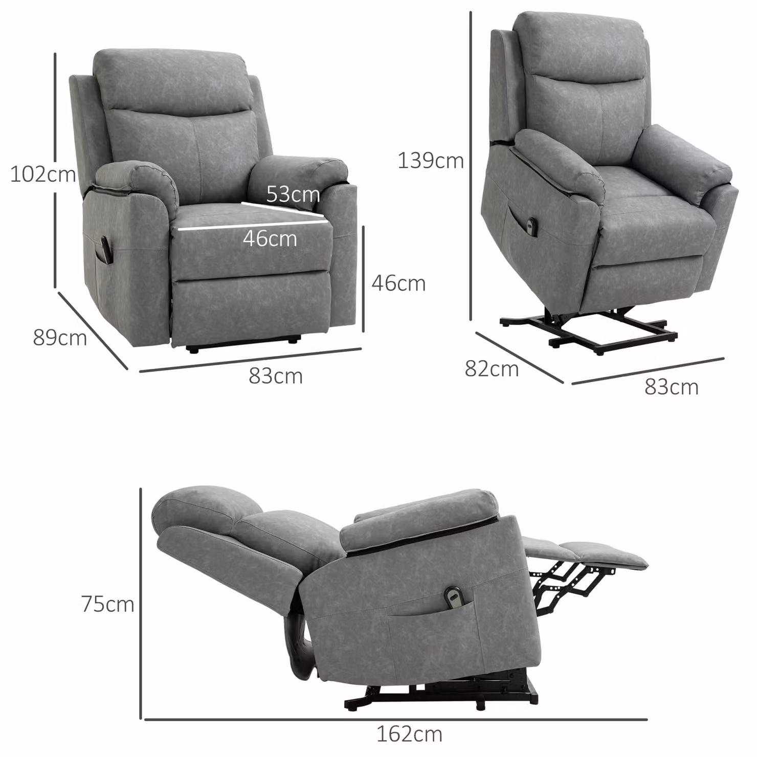 HOMCOM Grey Faux Leather Electric Power Lift Recliner Armchair with Remote Control and Side Pocket – 3
